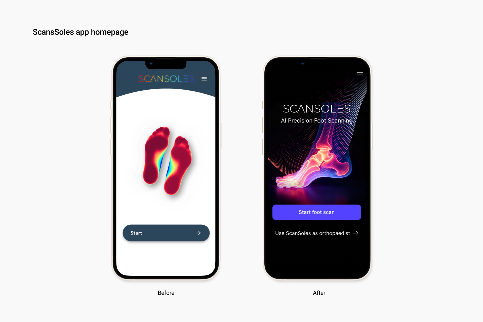 ScanSoles app homepage before and after